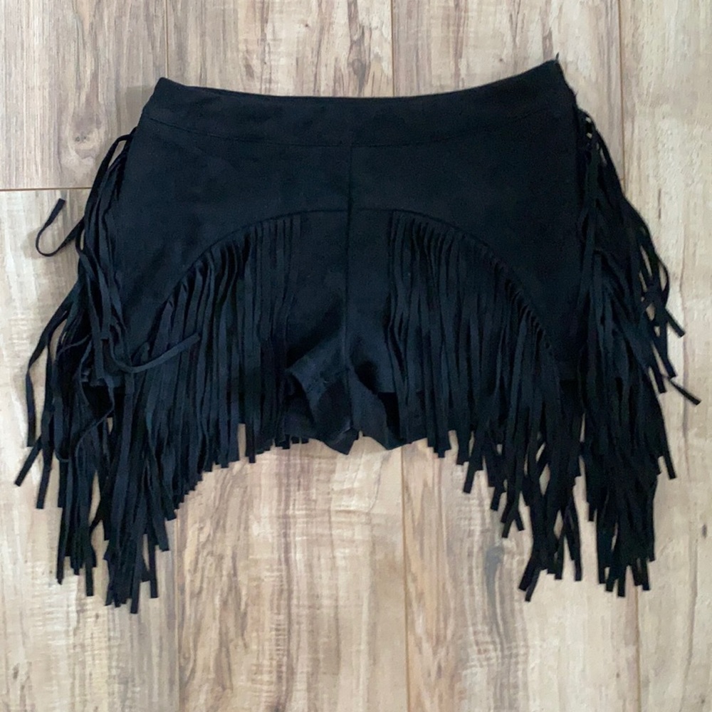 Fringe black suede booty shorts